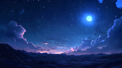 Wall Mural - Nighttime Serenity: Witness a breathtaking view of a starlit sky, a vibrant moon casts its ethereal glow across the tranquil landscape, capturing the essence of peace and wonder.
