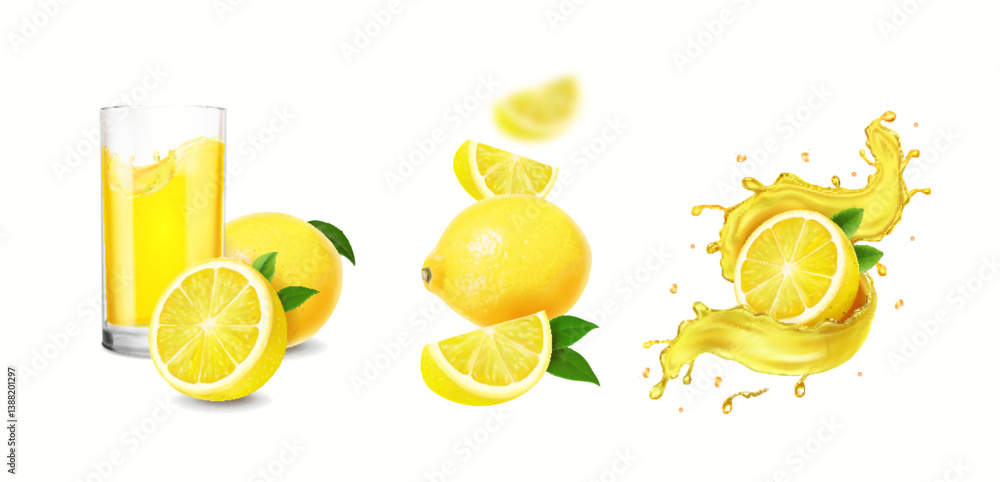 Lemon juice elements. Fresh lemonade glass drink with lemon fruit ...