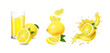 © lightgirl - Lemon juice elements. Fresh lemonade glass drink with lemon fruit slices and juice splash. Citrus beverage. Vector realistic