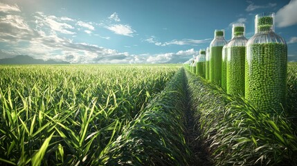 a lush field of sugarcane transitioning into bottles of biofuel, with futuristic visuals connecting 