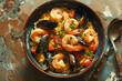 © SuzeO - food photography, top-down view of spanish paella with shrimp, mussels, and saffron rice, on a clean, neutral surface with empty background