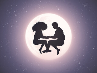 Sticker - Couple of lovers hold hands. Couple silhouette at night. Full moon