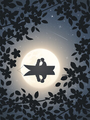 Sticker - Lovers in boat. Couple at lake. Leaves framing full moon in night sky