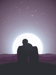 Sticker - Lovers sitting on top of mountain. Honeymoon. Full moon in night sky