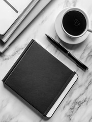 Poster - Structured flat lay of office essentials showcasing elegance with notebook, pen, and coffee on marble surface in monochrome style