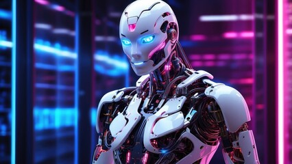 A futuristic robotic figure with a digital