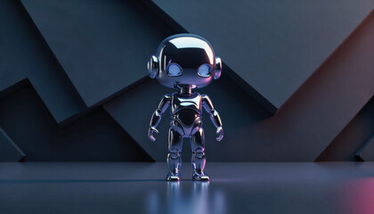 trendy neo futurism 2025 ai design rendering: a sleek, chrome robot figurine stands confidently agai
