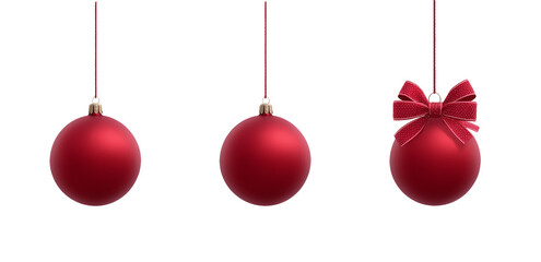 Wall Mural - Group of 3 Isolated red Christmas ball decoration on transparent background. Christmas tree decoration with a bow. Hanging red ball. Cut out christmas glass ball.	