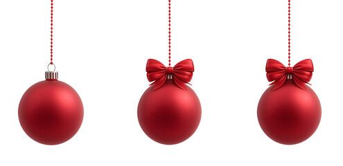 Wall Mural - Set of 3 Isolated red Christmas balls decoration on transparent background. Christmas tree decoration with a bow. Hanging red balls. Cut out christmas glass ball.	