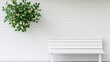 © PT CINTA SEJATI - A white wooden bench sits against a white-paneled wall. A hanging basket of green foliage and small flowers is to the left. The image is brightly lit, showcasing a clean aesthetic. The colors are pr