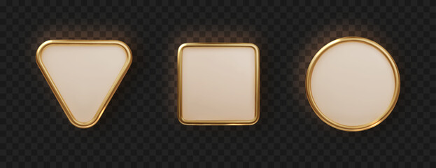Golden plate button shape with frame. Realistic isolated design element, golden glossy label. Realistic 3D design.