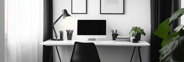 Leinwandbilder - Stylish monochrome home office setup featuring minimalist desk, modern decor, and a soft lamp creating an elegant workspace environment