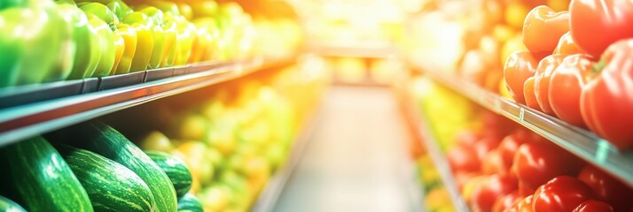 Poster - Vibrant grocery store aisle showcasing colorful fresh fruits and vegetables in a modern well-lit market space during daytime
