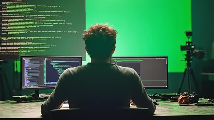 Young programmer working on multiple screens in a modern tech workspace with green backdrop