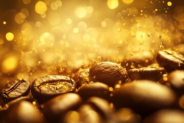 Poster - Transforming coffee beans into golden liquid drops with soft glowing light in a luxurious setting