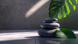 © HavingFunShop - Stacked smooth spa stones with green leaf, zen balance concept, cinematic shadows