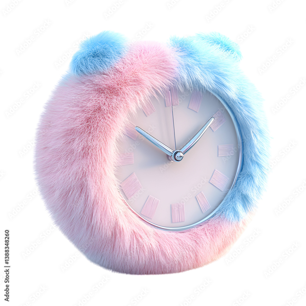 A Fluffy 3D Cartoon Clock with Pink and Blue Fur Isolated on Transparent Background