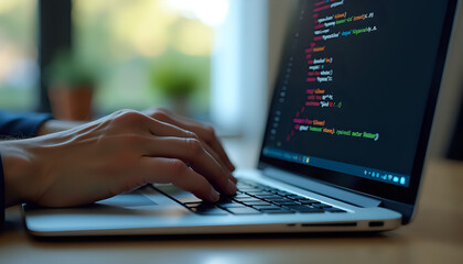 Close-up of Hands Typing Code on Laptop