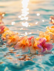 Poster - Vibrant Hawaiian floral lei floats gracefully in the crystal-clear ocean water under warm golden sunlight
