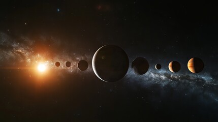 a view of multiple planets aligned in space with a bright star and galaxy background visible