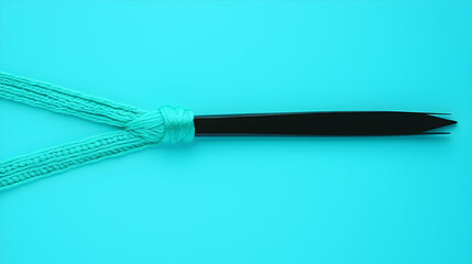 Wall Mural - Teal shoelace tied around broken black object on cyan background; concept image for design or blog