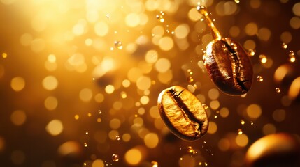 Poster - Artistic transformation of coffee beans into golden liquid drops with soft glowing light in a luxurious abstract background