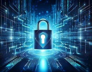 a glowing digital lock surrounded by streams of binary code and data points symbolizing cybersecurity