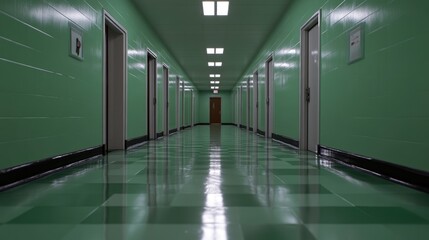 Empty hospital corridor.  Green walls and floor, doors line both sides.  Perspective leads to the vanishing point