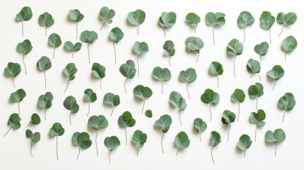 Poster - Structured arrangement of eucalyptus leaves on a soft white surface creating a fresh botanical minimalism aesthetic