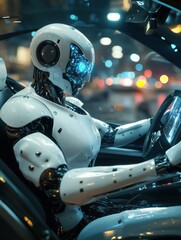 Aufkleber - Sleek humanoid robot driving a high-tech sports car through a cyberpunk city at night