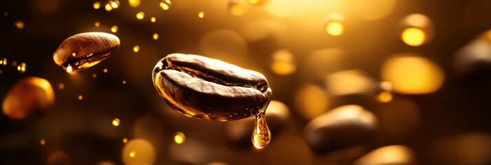 Poster - Coffee beans transformed into luminous golden droplets creating a high-end luxurious abstract background with soft glowing lights