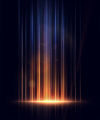 Wall Mural - Abstract background with vertical glowing rays in orange and blue tones on a dark background. Ideal for fantasy portals, sci-fi scenes, stage lighting, magical energy effects, technical interfaces.