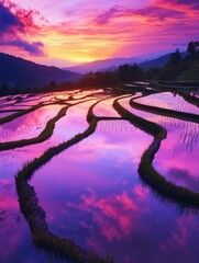 Aufkleber - Surreal sunset over endless rice terraces with vibrant skies reflected in tranquil waters