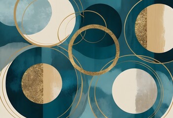 Fototapete - Abstract Golden Circles, Flowing Blue Tones Design. Elegant Contemporary Background, With Movement And Depth. A Sophisticated Warm Artwork For Your Next Project, It Is Stylish.