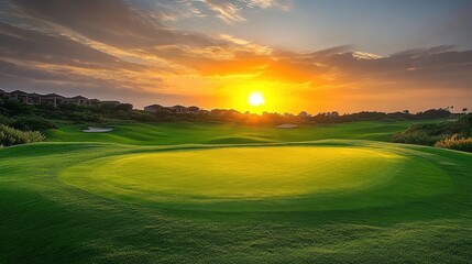 Wall Mural - Beautiful sunset over green golf course with houses in background. Ideal for illustrating leisure, vacation, or luxury lifestyle concepts.
