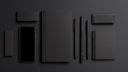 Poster - Monochrome office essentials organized in a structured flat lay for an elegant workspace aesthetic