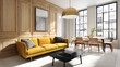 © Nasreen - A chic living room with pale oak wood paneling, large windows offering natural light, and an oversized mustard-colored sofa