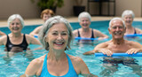 A group of seniors engages in a lively water aerobics class, smiling and enjoying the exercise. The indoor pool environment is bright and inviting, promoting wellness and fitness