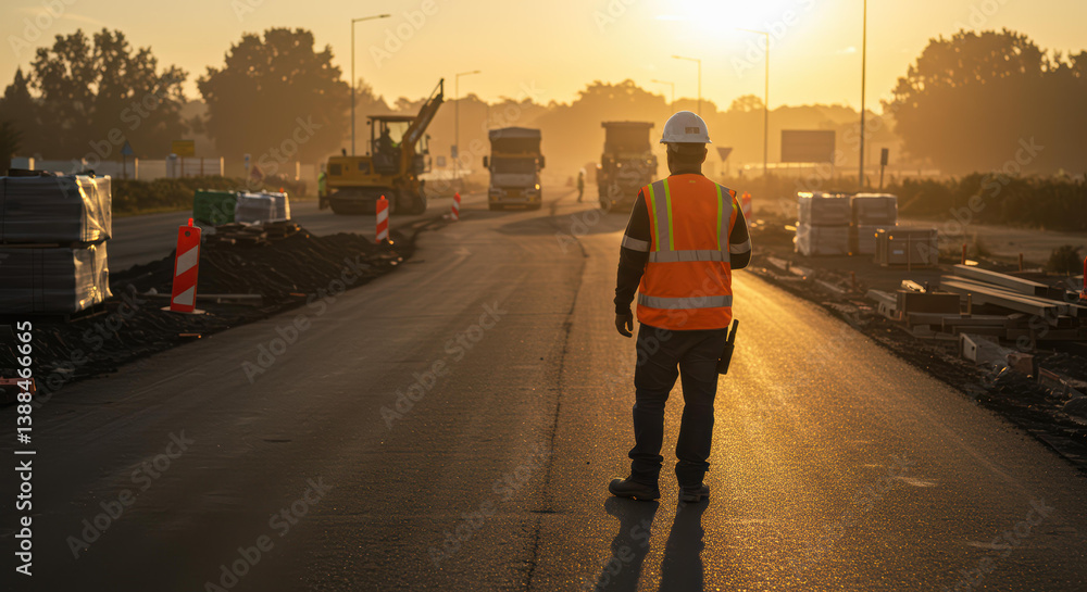Construction worker wearing high visibility vest, helmet on road ...
