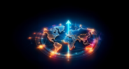 Wall Mural - illuminated world map with glowing connections and a bright arrow pointing upwards, symbolizing glob