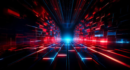 Wall Mural - a futuristic tunnel with glowing red and blue lights creates a path with perspective. abstract and v
