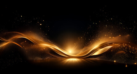 Wall Mural - golden waves gracefully cascade across a deep black backdrop, illuminated by a soft, sparkling light