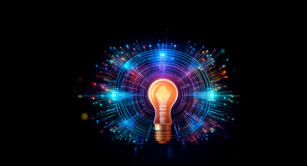 Wall Mural - a bright light bulb emits radiant energy, shown as glowing lines and circles in vibrant blue and ora