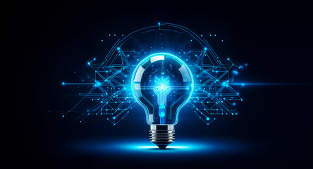 Wall Mural - a glowing lightbulb illuminates a dark space with abstract blue network connections, symbolizing inn