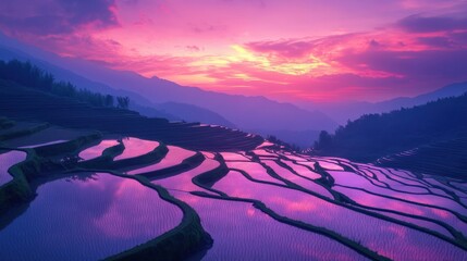 Aufkleber - Surreal sunset over vibrant rice terraces with pink and purple reflections creating a dreamlike atmosphere