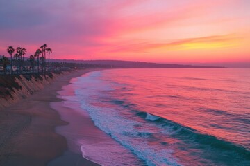 Poster - Vibrant tropical beach at sunset with turquoise waters and swaying palm trees