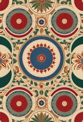 Leinwandbilder - Decorative Beige Background, Circular Designs In Red, Blue, Green, And Gold With Floral, Geometric Shapes. Asian Aesthetic Is Present In The Pattern. Blank Space For Text, Image Overlay.