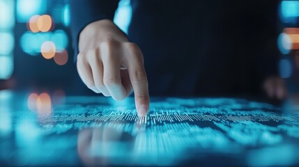 person's finger interacting with a futuristic glowing digital interface screen displaying data code