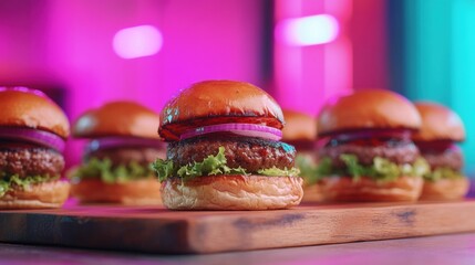 Poster - Gourmet mini burgers served on rustic wooden board with neon pink and blue ambient lighting for a modern dining experience