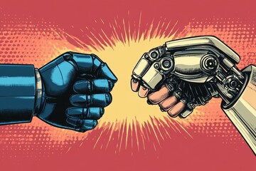 Aufkleber - Halftone human hand reaching for robot hand symbolizes conflict between humanity and artificial intelligence in the future of technology